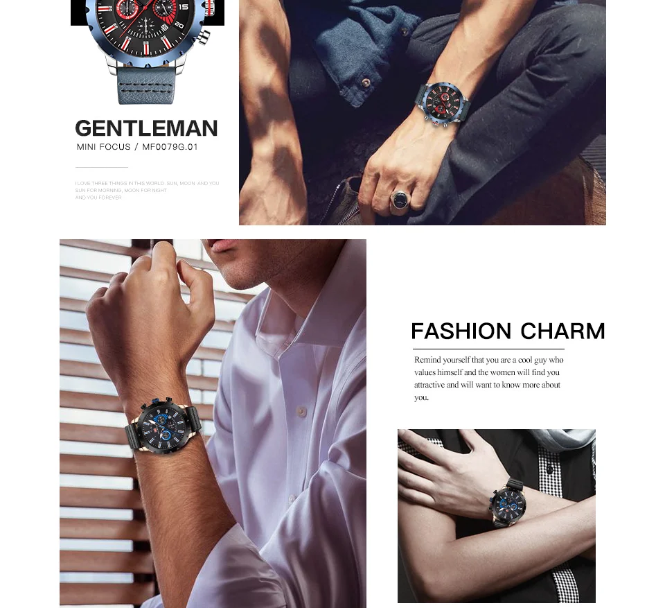 Mini Focus MF0079G Luxury Men's Chronograph Watch | Big Dial Leather Strap Quartz Business Wristwatch OEM Wholesale