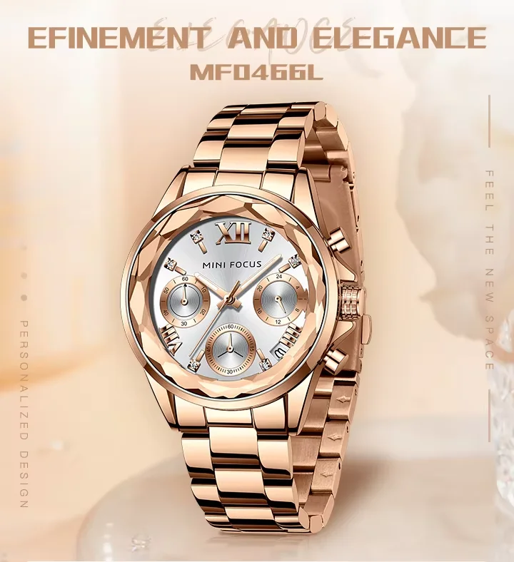 High-End Ladies Chronograph Watch &ndash; MINI FOCUS MF0466L Stainless Steel Strap  3 ATM Waterproof