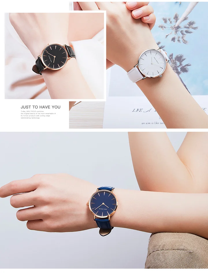MINI FOCUS Hot Sell Blue Lady Quartz Watch Excel Leather Band Waterproof Analog Display Big Casual Hand Watch