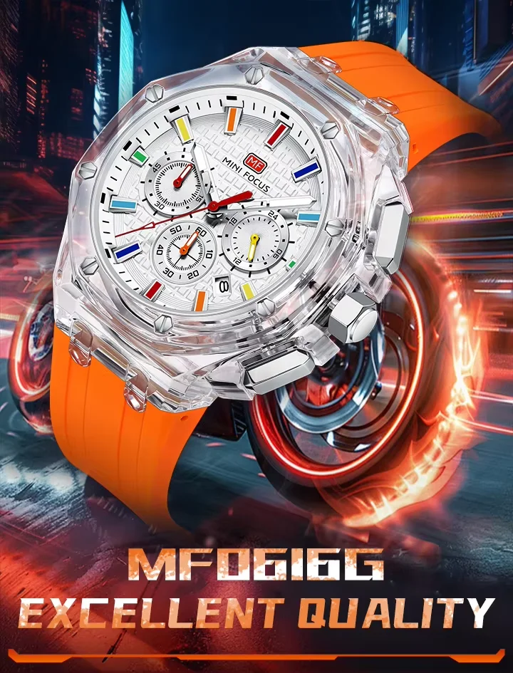 MINI FOCUS MF0616G Men's Sports Watch Cool Design, Waterproof Plastic Case, Silicone Strap Quartz Watch