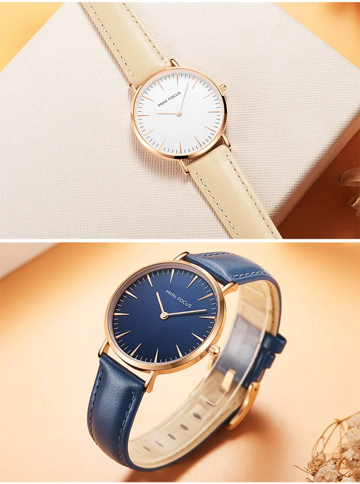 MINI FOCUS Hot Sell Blue Lady Quartz Watch Excel Leather Band Waterproof Analog Display Big Casual Hand Watch