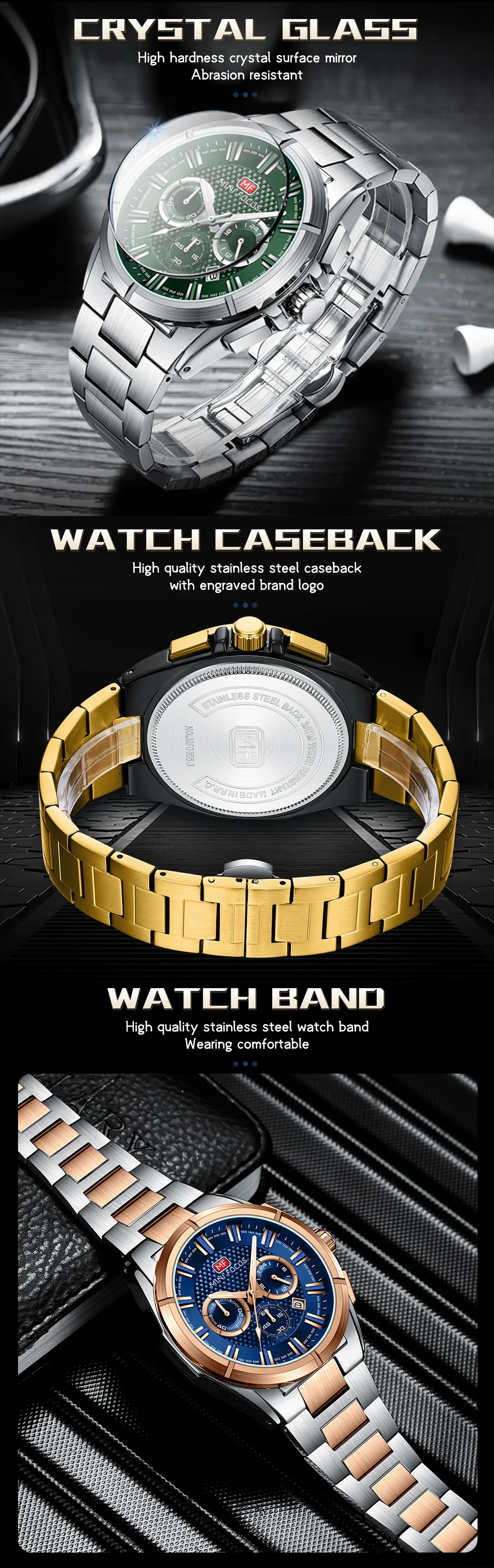 Mini Focus MF0495G Men Chronograph Sport Watch Waterproof Stainless Steel Strap Wristwatch Manufacturer