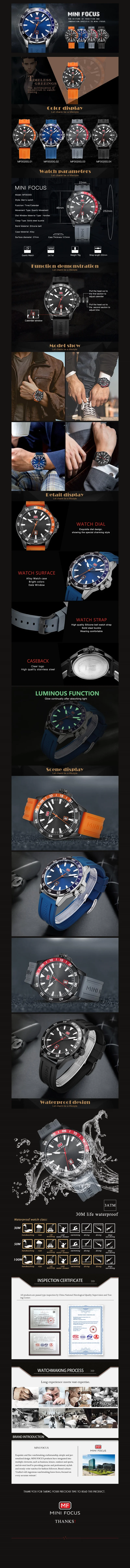 Mini Focus MF0020G Men’s Sport Waterproof Quartz Watch | Luminous Silicone Band | Factory Wholesale