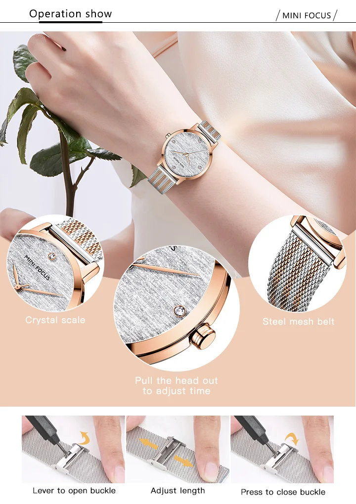 Elegant Waterproof Women's Quartz Watch – Stainless Steel Mesh Band with Crystal Scale | MINI FOCUS MF0329L