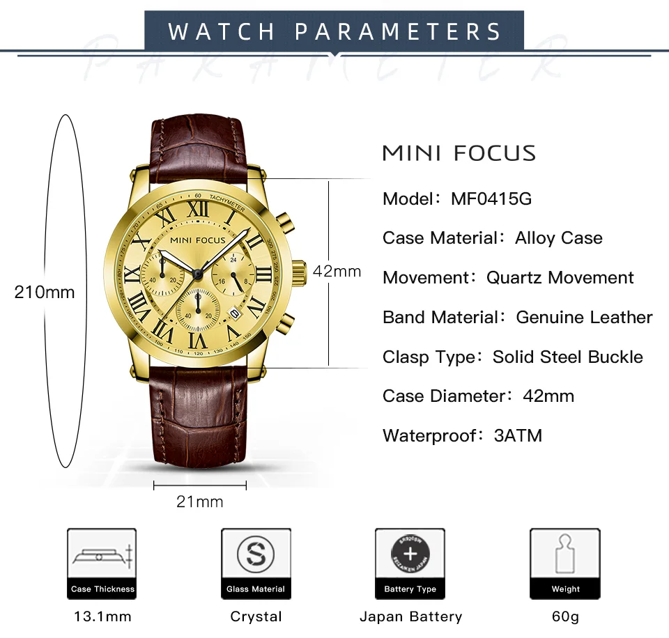 Fashion Leather Chronograph Watch for Men Classic Quartz Wristwatch by MINI FOCUS Wholesale 