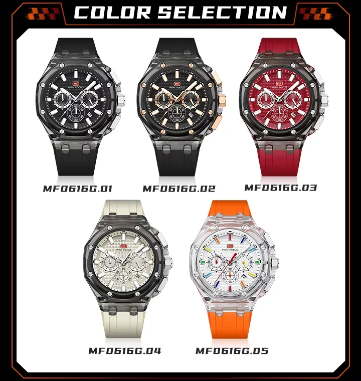 MINI FOCUS MF0616G Men's Sports Watch Cool Design, Waterproof Plastic Case, Silicone Strap Quartz Watch