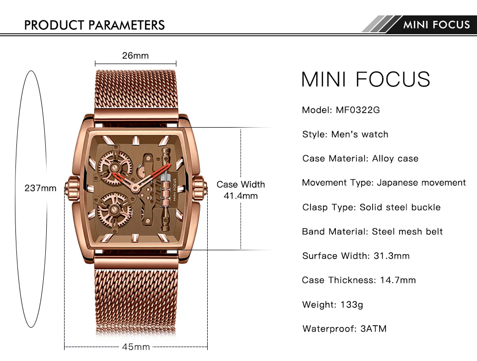 Mini Focus Cool Man Quartz Square Shape Watches Analog Water Resist Designer Luxury Men Leather And Stainless Hand Watch