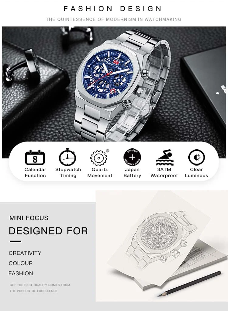 New Arrival Men's Quartz Watch Chronograph, Stainless Steel Band MINI FOCUS Wholesale Supplier