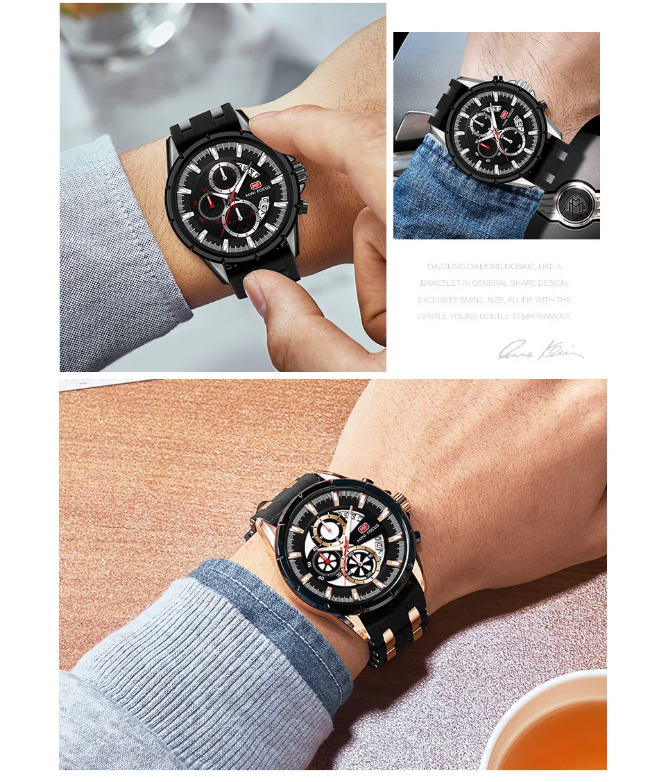 Mini Focus Men Sports Quartz Watches Luminous Hands Waterproof Chronograph Calendar Silicone Strap Fashion Watch