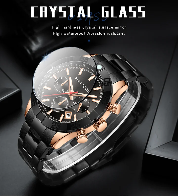 MINI FOCUS Business Chronograph Quartz Watch for Men Stainless Steel Wristwatch