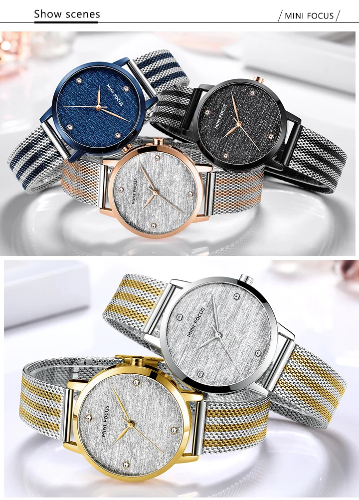 Elegant Waterproof Women's Quartz Watch – Stainless Steel Mesh Band with Crystal Scale | MINI FOCUS MF0329L