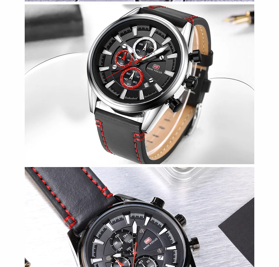 Mini Focus MF0083G Men's Fashion Watch | Genuine Leather Strap, Luminous Hands, Waterproof Quartz Movement, ODM Available