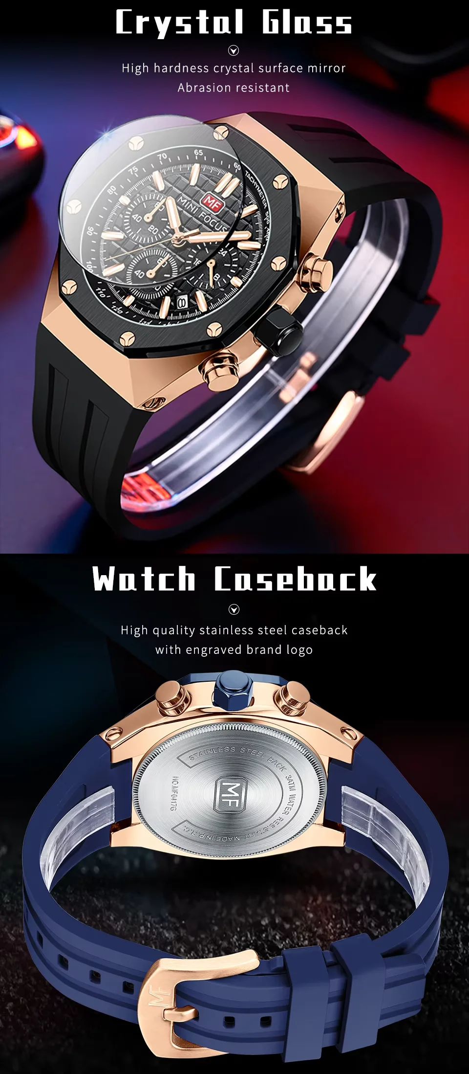 Sport Chronograph Quartz Watch for Men Waterproof Silicone Wristwatch by MINI FOCUS