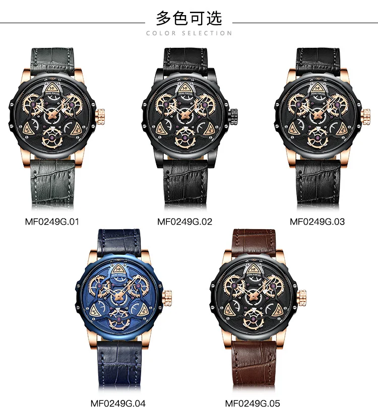 MINI FOCUS MF0249G Mechanical Style Men's Hand Watch | Hollow Out Design Leather Strap Casual Wrist Watch
