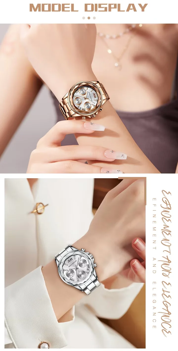 High-End Ladies Chronograph Watch &ndash; MINI FOCUS MF0466L Stainless Steel Strap  3 ATM Waterproof