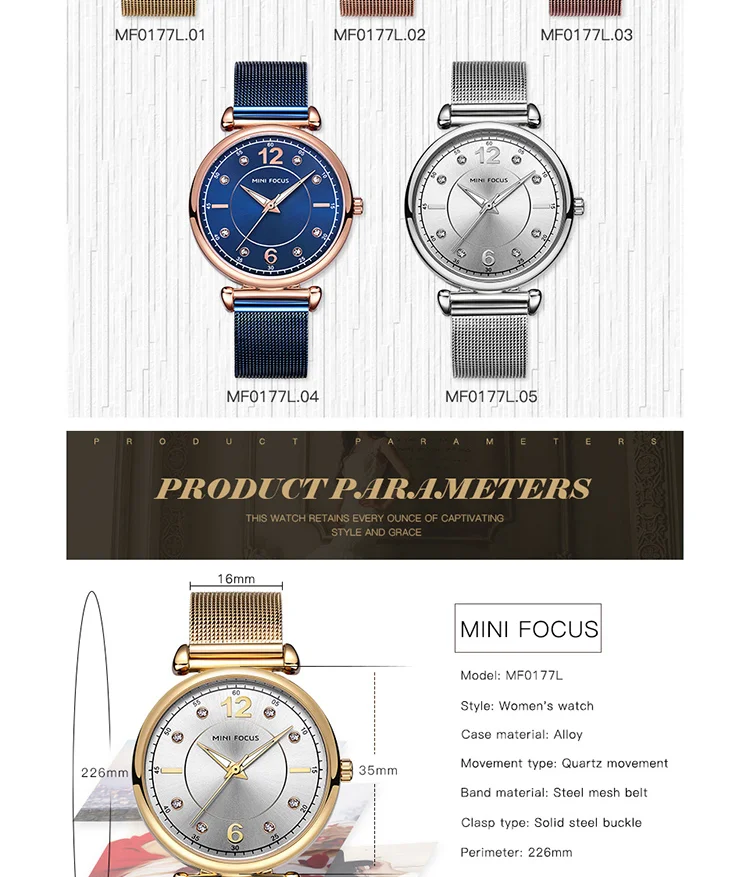 Mini Focus MF0177L Wholesale Luxury Women Watch | Royal Golden Mesh Strap OEM Factory