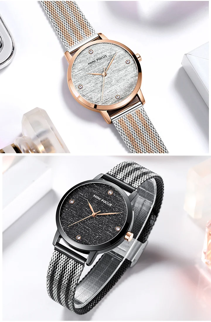 Elegant Waterproof Women's Quartz Watch – Stainless Steel Mesh Band with Crystal Scale | MINI FOCUS MF0329L