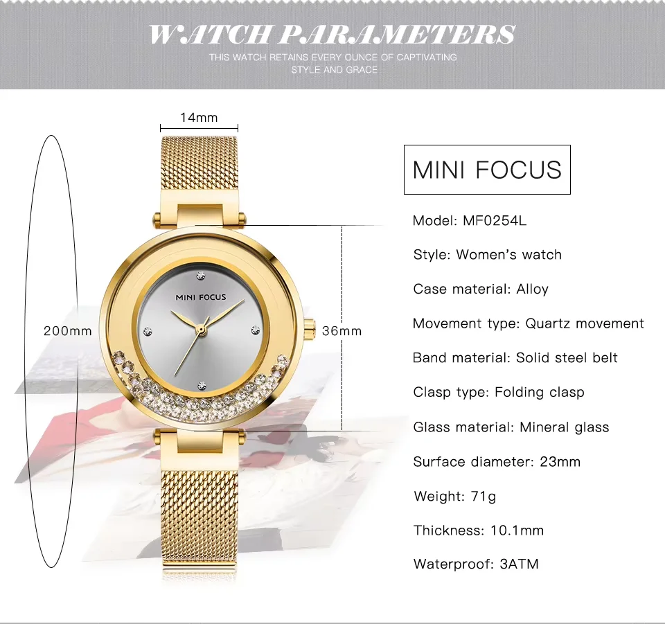 MINI FOCUS MF0254L Elegant Women’s Watch | Ultra Thin Quartz Mesh Strap Waterproof Japanese Movement for Girls