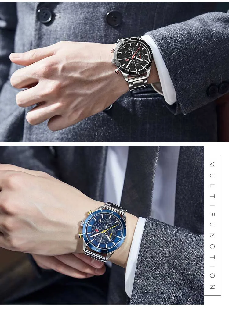 Mini Focus Blue Chronograph Watch for Men Stainless Steel Band Luxury Business Quartz Wristwatch