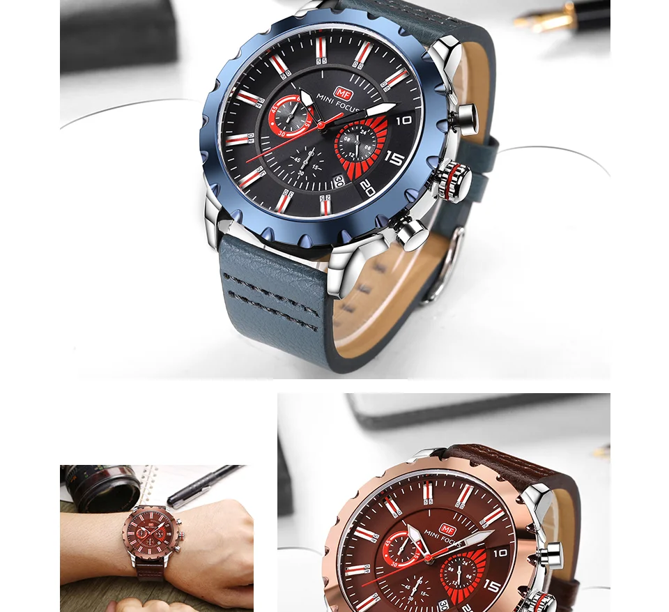 Mini Focus MF0079G Luxury Men's Chronograph Watch | Big Dial Leather Strap Quartz Business Wristwatch OEM Wholesale