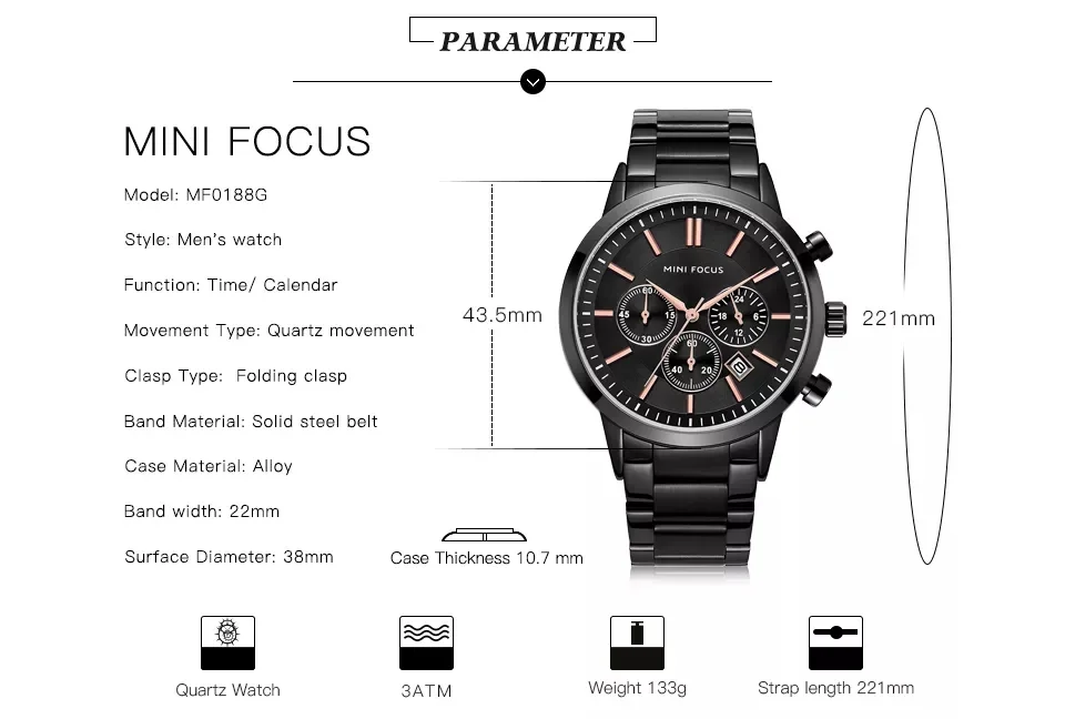 Mini Focus MF0188G Men’s Business Quartz Watch | Waterproof Steel Band Luxury Designer Timepiece