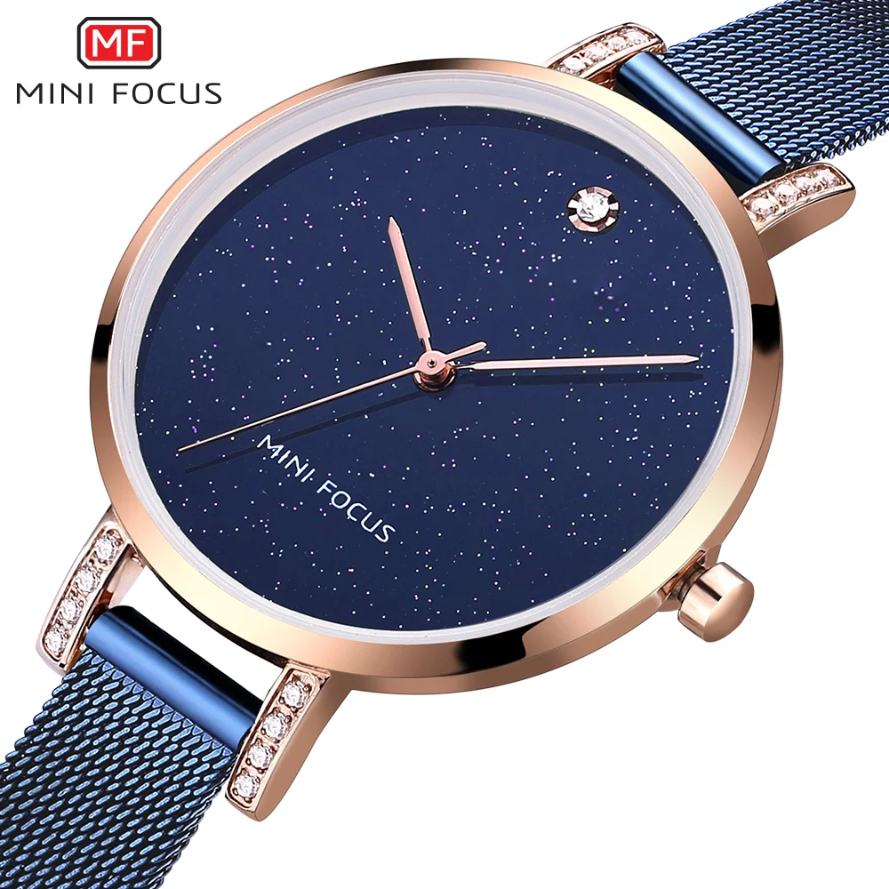 Mini Focus Women's Luxury Quartz Watches 2025 New Fashion Casual Mesh Strap Waterproof Wristwatch Lady Woman F0160l Rose Blue