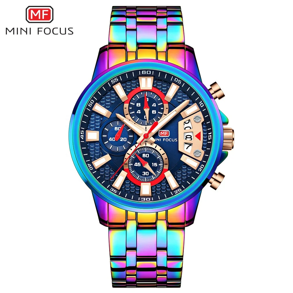 Mini Focus Mf0352g Personality Men's Hand Watch Steel Band Waterproof Quartz Watch Magic Colorful Casual Leisure Watch For Man