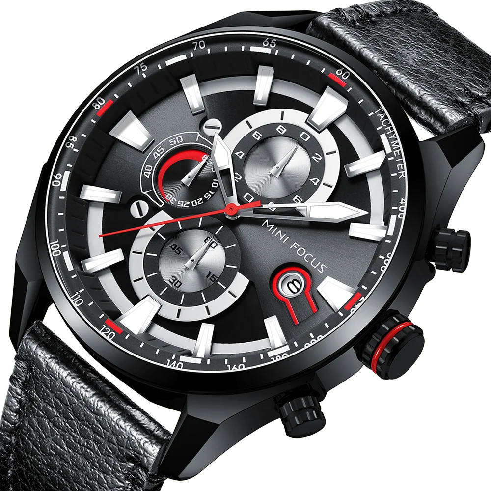 Mini Focus Mf0202g Fashion Business Quartz Watches Genuine Leather Strap Chronograph Date Display Waterproof Men Watch Montre