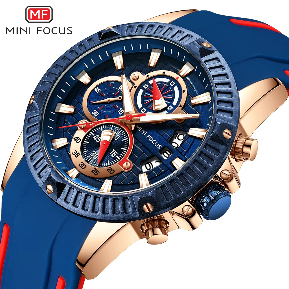 Mini Focus Mens Watches Multifunction 0244 Quartz Watch Waterproof Silica Gel Man Wristwatches Multifunction Mf0244g